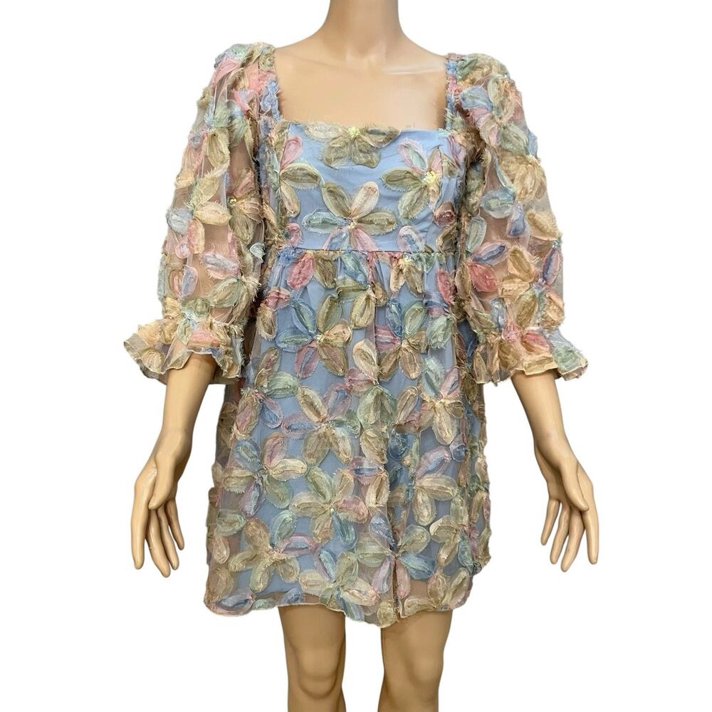 Allison And Kelly Puff Sleeve Mini Dress Medium Soutache Flowers Mesh Sequin